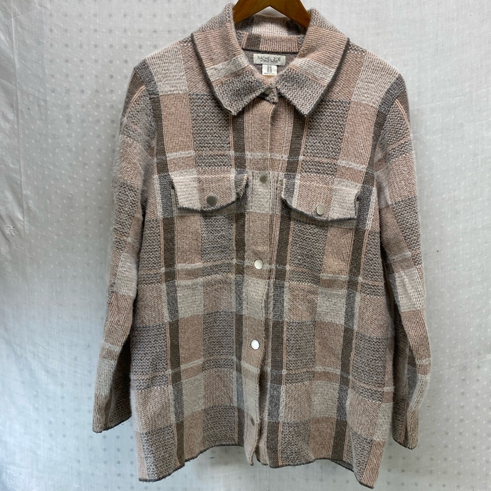 Rachel Zoe Womens Shacket Jacket Soft Eyelash Knit Blazer Plaid Neutral Blush 1X